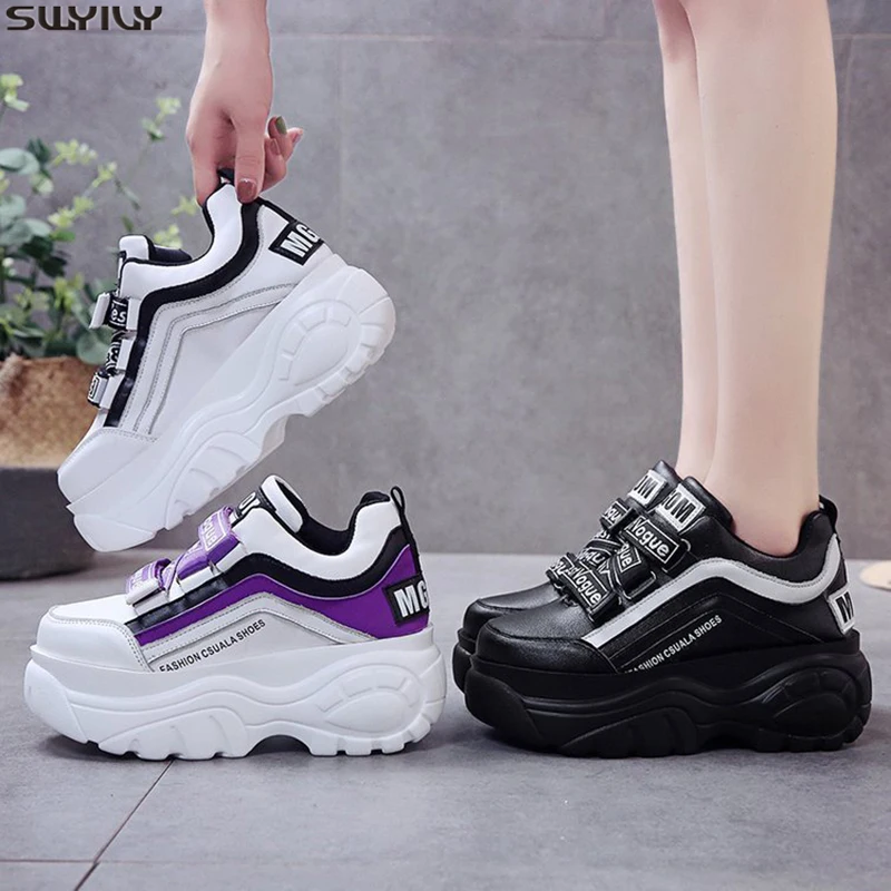 

SWYIVY PU Casual Shoes Woman High Heel Chunky Sneakers Women Spring 2020 Solid Wedges Shoes For Women Sneakers Platform Fashion
