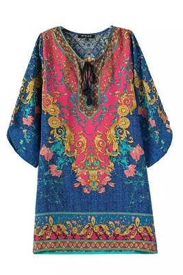 Летнее винтажное женское богемное шифоновое цельное платье с принтом в национальном стиле, индийское платье, размеры s, m, l - Цвет: Синий