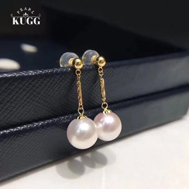 KUGG PEARL 18K Yellow Gold Earrings 8-8.5mm Natural Freshwater White Pearl Earrings Fashion Drop Earrings for Women