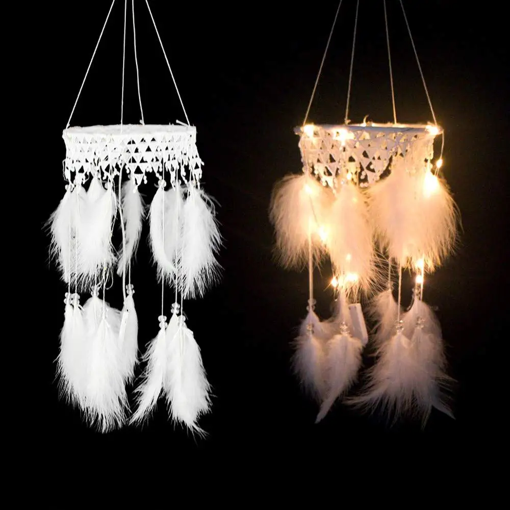 

White Feather Lantern Night Light 15Cm Bohemian Style Hanging Handicraft Braid Charm Decorating Room Window Car Night Lights