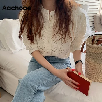 

Fashion Knitted White Blouse Women 2020 Hollow Out Puff Half Sleeve Female Chic Shirt Cardigan Blouse Outerwear Blusa Feminina