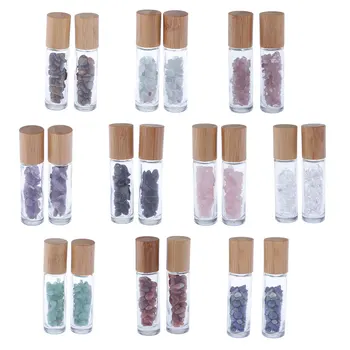 

2pcs Natural Stones Chips Clear Essential Oil Roller Ball Bottle, Bamboo Lid