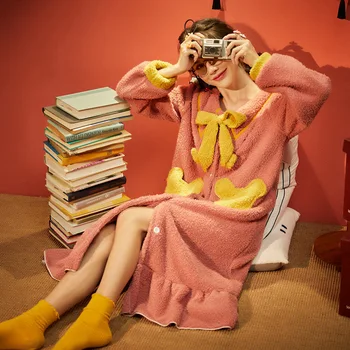 

Winter Sweet Nightgowns For Women Cardigan Button Loose Cute Bow Plus Velvet Thicken Comfortable Warm Home Nightrobe Cotton