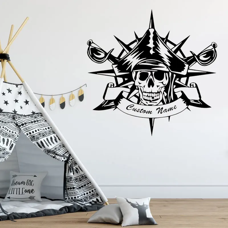 

Personalized Name Pirate Pattern Nautical Home Decor Wall Sticker Vinyl Decals For Kids Room Boys Bedroom Removable Mural 4078