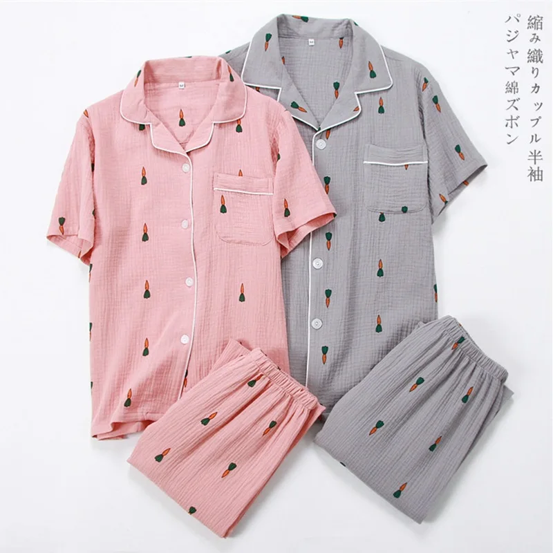 

Spring Couples Short Sleeve Trousers Pajamas Pure Cotton Crepe Pajamas Loose And Plus-sized Hugh Men And Women Tracksuit Summer