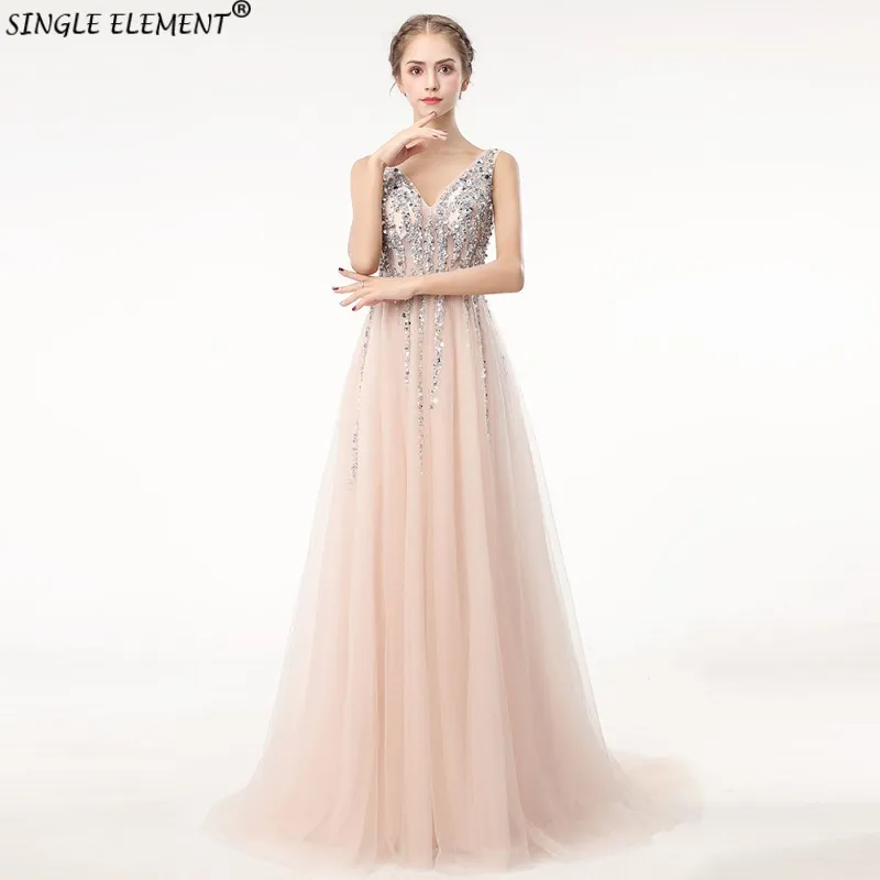 

Sexy Evening Dress 2019 V-Neck Beads Open Back A Line Long Evening Dresses Party Vestido De FestaTulle Prom Gowns