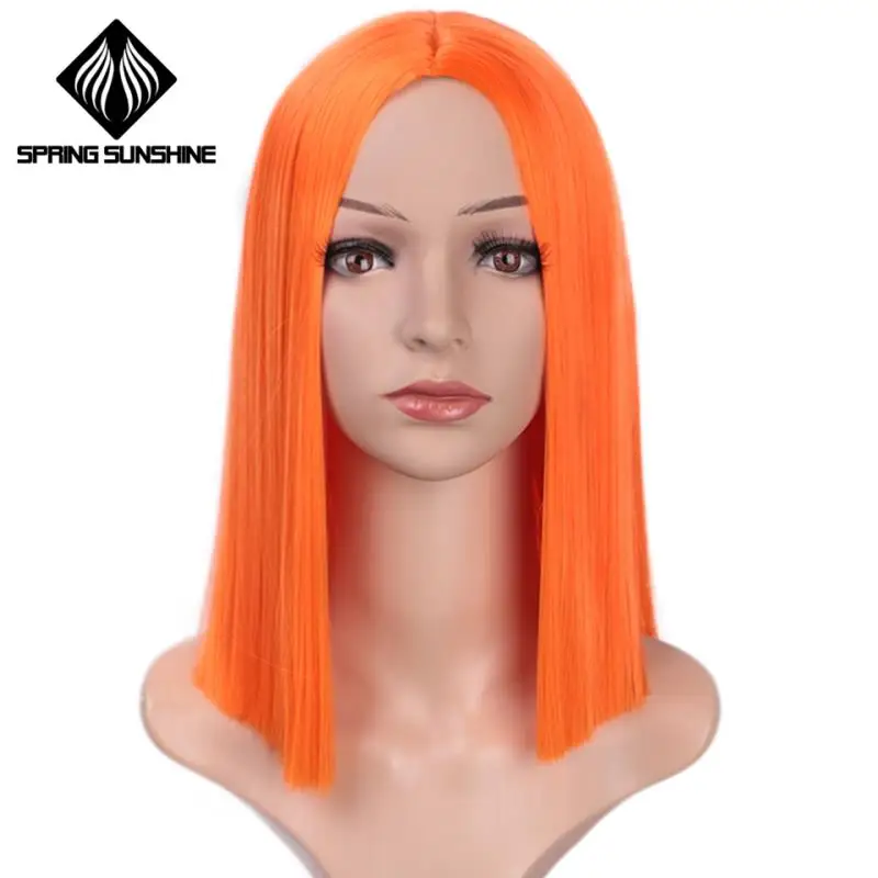 

Spring sunshine Short Straight Bob Purple Yellow Orange Pink Synthetic Wigs For Women 12 Inch Middle Part Glueless Cosplay Wigs
