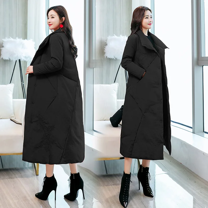 

2018 Winter New Style Korean-style Geometry Joint Embroidered Long Cotton-padded Clothes Fashion Slimming Large Collar Cotton Co