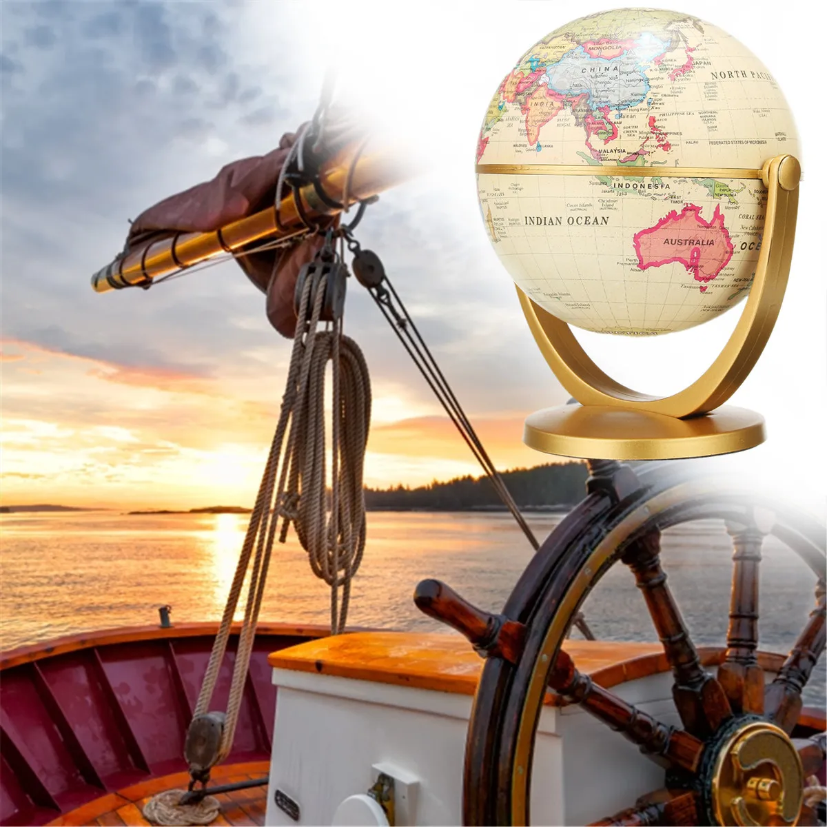 12cm Retro Globe 360 Rotating Earth World Ocean Map Ball Antique Desktop Geography Learning Education Home School Decoration