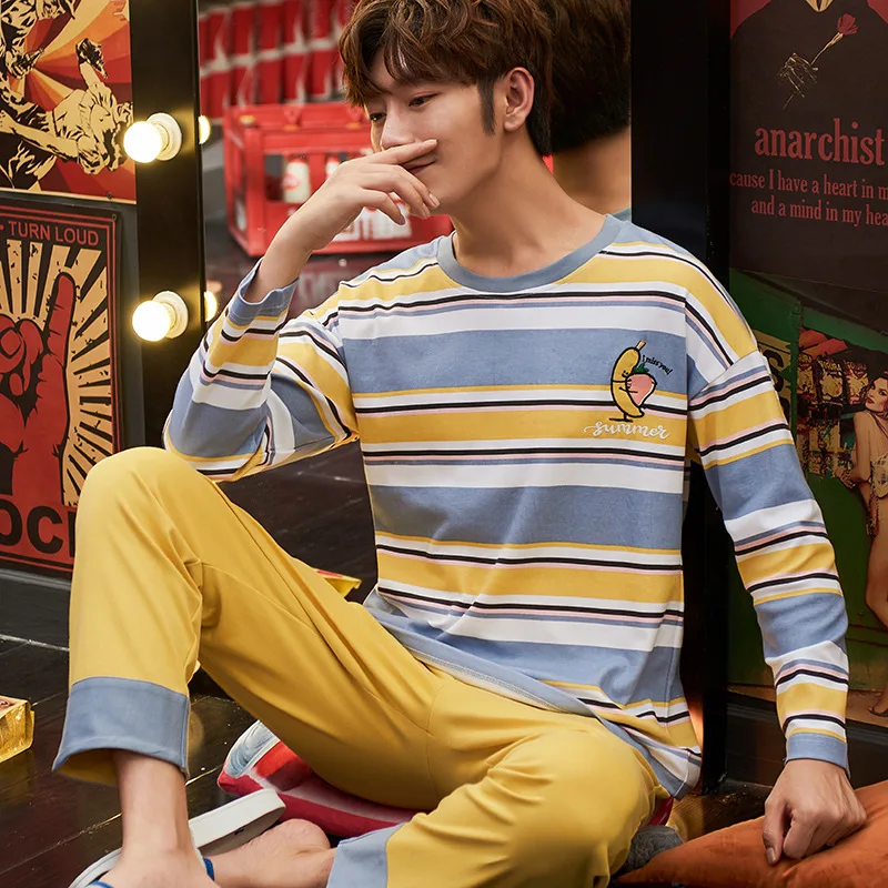 

Tracksuit Piece Spring And Autumn Men Pure Cotton Long Sleeve Korean-style Students Cartoon Stripes Printed Sports Cotton Pajama