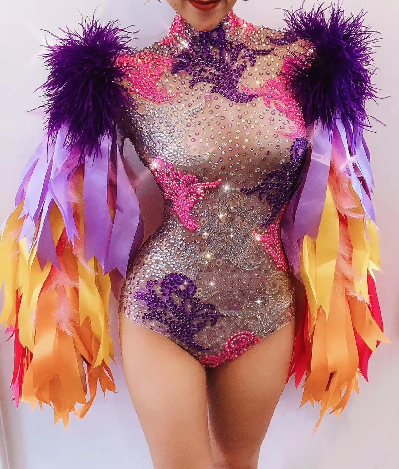 Women Fashion Colored Feather Ribbon Stretch Jumpsuits Multicolored Water Drill Bobycon Women Bobysuits Women's Dancer Costumes