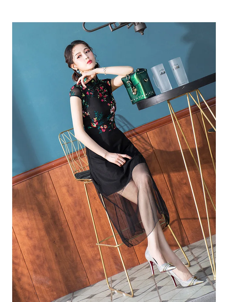 Open Rain Spring Origional New Style Embroidered few sha A- line Skirt Black GIRL'S Cheongsam nian qing kuan Cheongsam