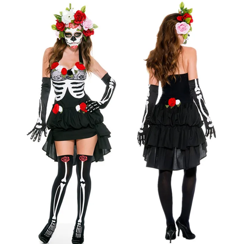 Lady Carnival Halloween Corpse Bride The Skeleton Costume Mexican Day Of Dead Outfit Cosplay Fancy Party Dress |