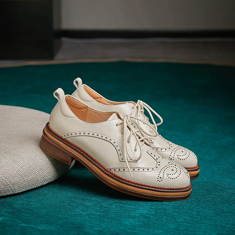 Women Genuine Leather Oxfords Shoes Hand-made Leisure Lace-up Brogues Wingtips Shoes for Ladies Autumn Flat shoes