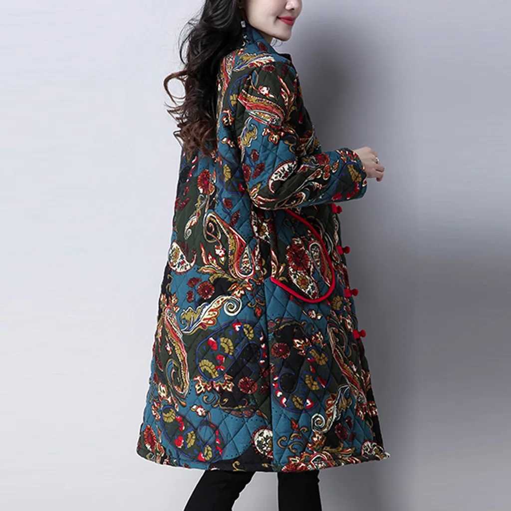 Модная зимняя Толстая хлопковая стеганая куртка Женская Ретро куртка с принтом теплая длинная куртка женский кардиган пальто#108