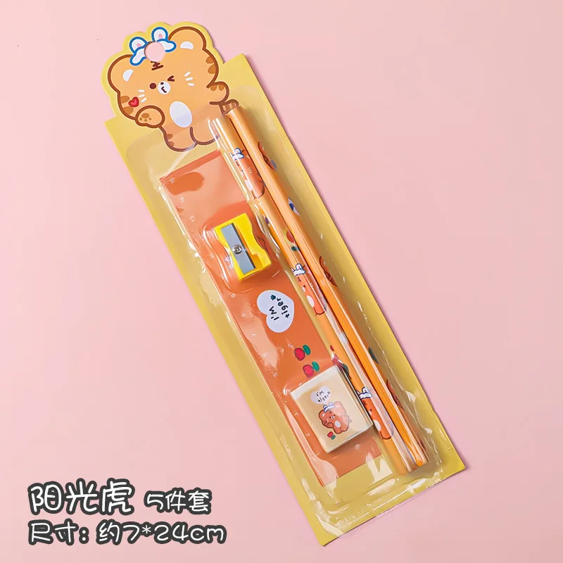 5 In 1 Cartoon Pencil Sharpener Set Students Learn Stationery Eraser Ruler Children Drawing Sketch Supplies Kindergarten Gifts