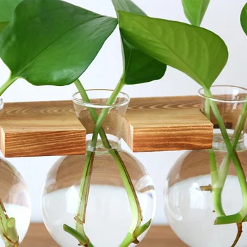 

Storage Rack Transparent Glass Vase Nordic Wooden Iron Frame Hydroponic Container Glass Vase Small Bench