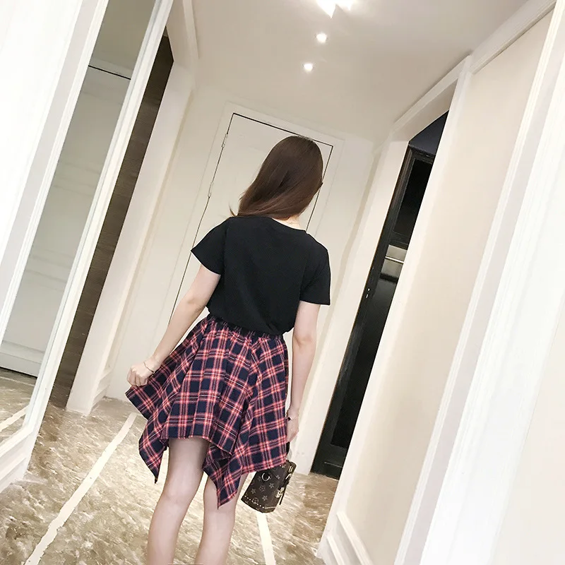 

2019 Spring And Summer New Style Trendy Two-Piece Set High-waisted Irregular A- line Plaid Skirt WOMEN'S Suit