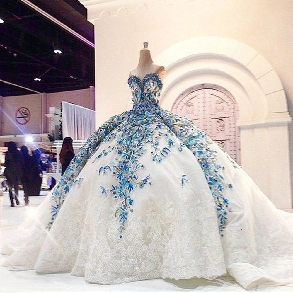 IMG809 Романтический большое бальное платье свадебное платье Синий невесты платье цветок модная принцесса невесты Свадебная вечеринка