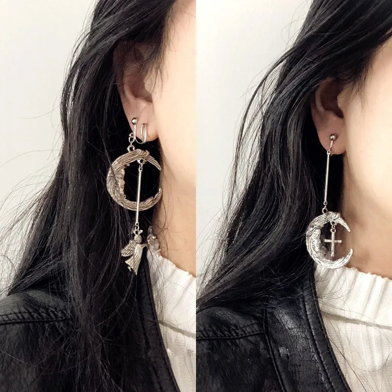 

New Harajuku Cool Cross Moon Angel Pendant Drop Earring Christian Metal Punk Jewelry for Vintage Women Friendship Girl Gifts