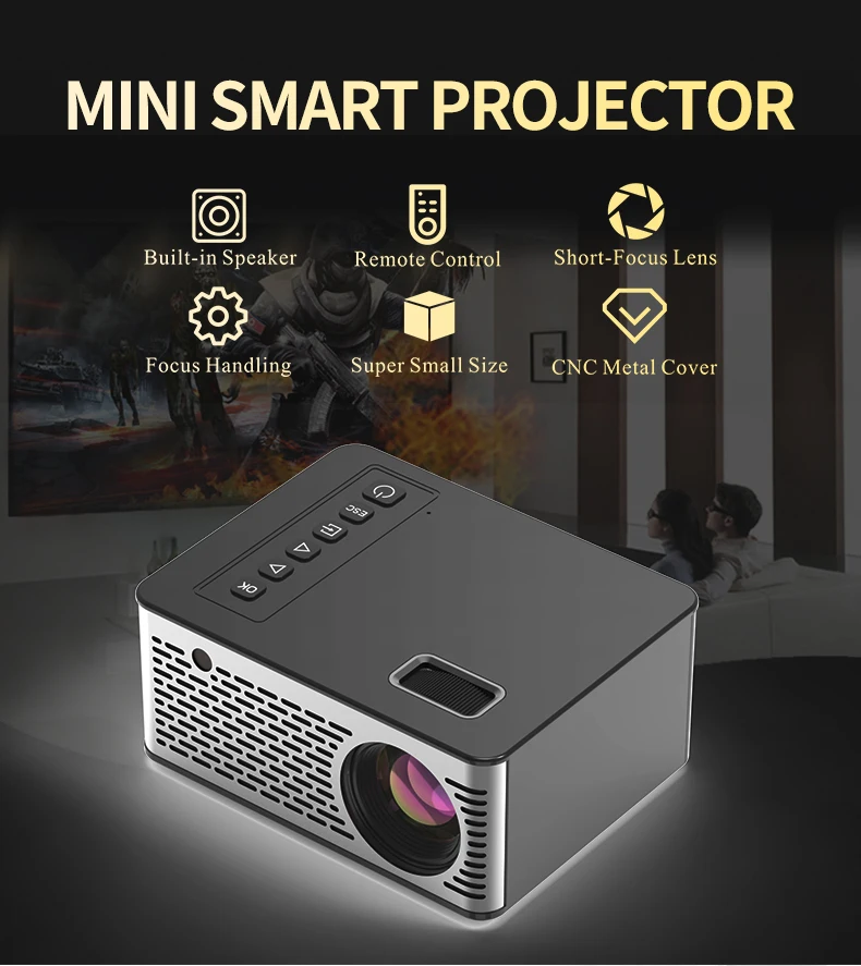 Mini Micro LED Cinema Portable Video HD USB HDMI Projector for Home Theater Short Focus Design T200 