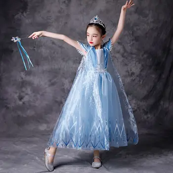 

New Elsa Anna 2 Dress With Cloak Crown Princess Girls Anna Costume Snow Queen Cosplay Dress Kids Hair Accessories Tiara Party