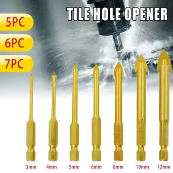 

5/6/7Pcs 1/4'' Hex Shank Tungsten Carbide TCT Glass Drill Bits Set Titanium Coated Power Tools Accessories Wall/Glass Hole Dril