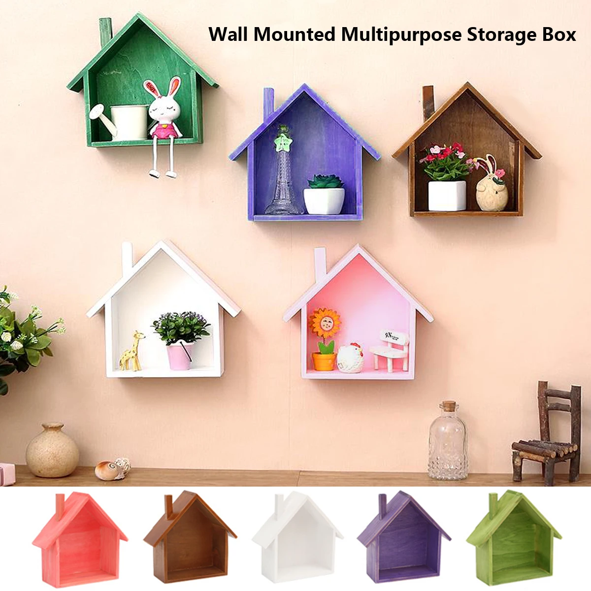 

DIY House Shaped Wood Organizer Box Wall Mounted Shelf Tabletop Storage Box Cubby Multipurpose Bag Home Bedroom Storage