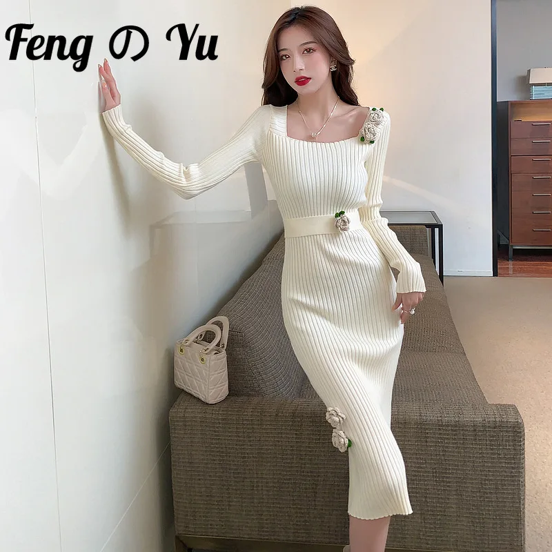 Autumn And Winter Knitted Sweater Dress Ladies Long-Sleeved Square Neck Solid Color Tight-Fitting Flower XL | Женская одежда