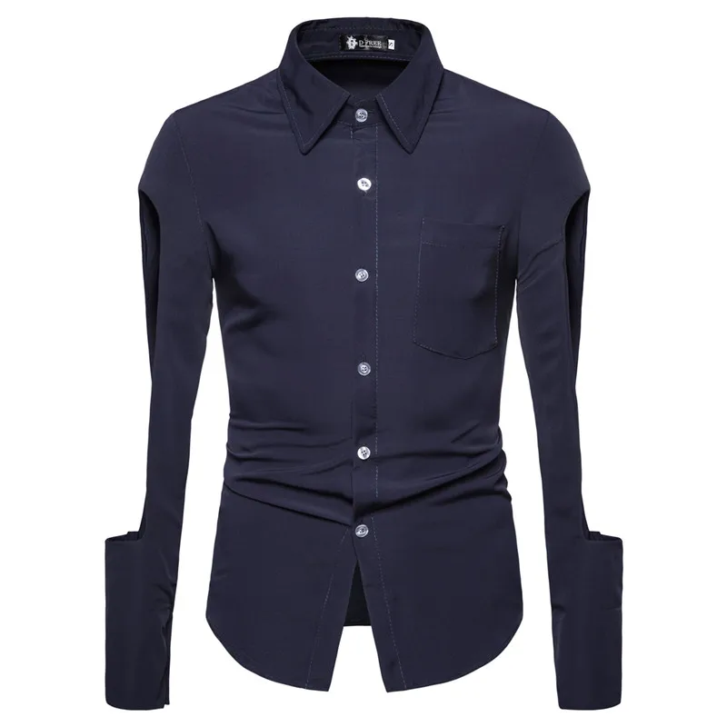 HuLooXuJi Новая мужская рубашка Модные полые рубашки с длинными рукавами панк повседневные однотонные вечерние рубашки Размер США: S-2XL - Цвет: Тёмно-синий