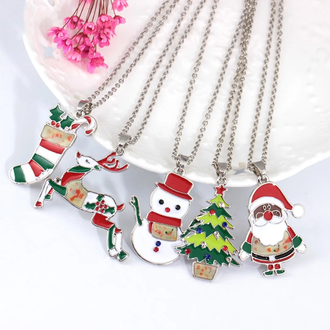 

2019 Christmas Necklace for Women Girl Christmas Tree Deer Stocking Snowman Santa Claus Pendant Necklace New Year Jewelry