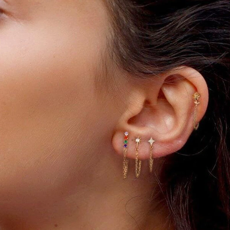2020 New Gold Color Rainbow Cz Moon Pearl Snake Chain Stud Earrings For Women 925 Sterling Silver Tassel Fashion Jewelr | Украшения и