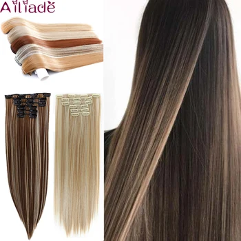 

AILIADE Women 16 clips Long Straight Synthetic Hair Extensions Clips in High Temperature Fiber Brown Mix Beige Hairpiece