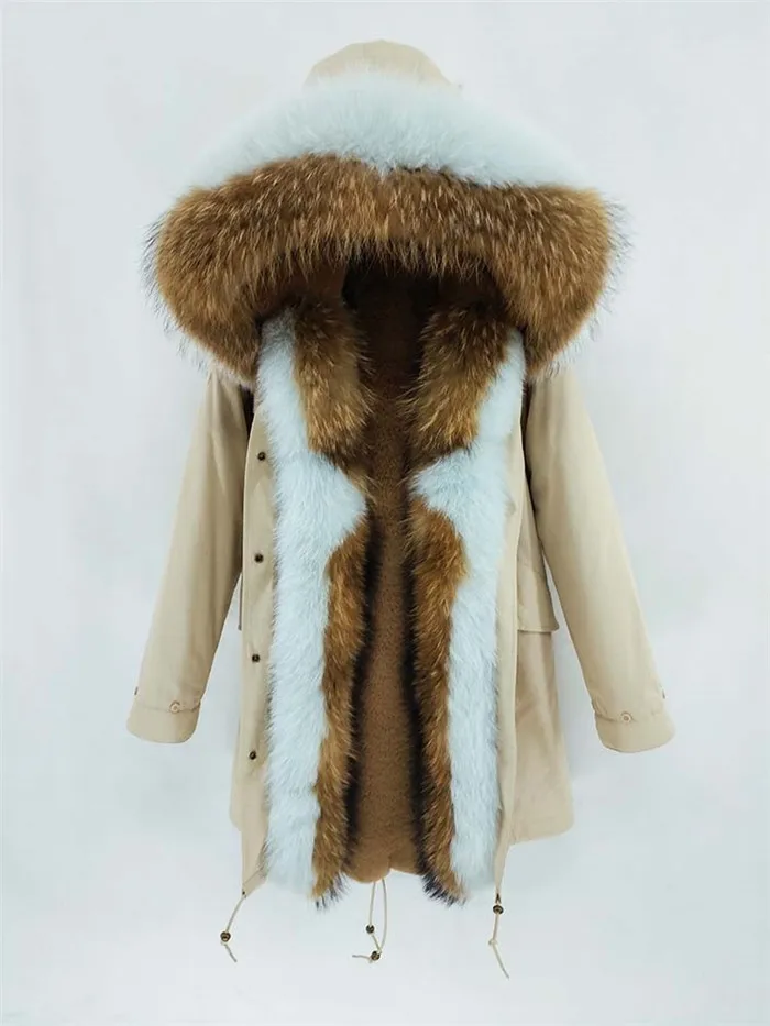 khaki shell Роскошное Женское пальто с капюшоном и большим воротником из меха енота со съемным кроличьим подкладом, верхняя одежда, длинное зимнее пальто с натуральным мехом - Цвет: khaki shell