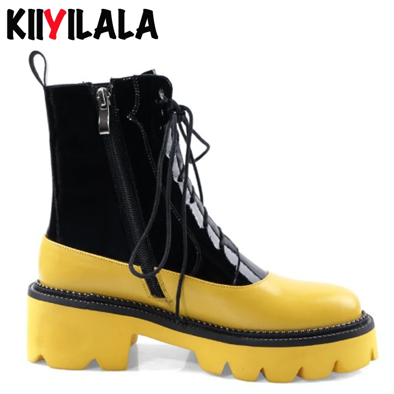 Kiiyilala/ботинки на платформе из натуральной кожи женские ботинки разноцветные ботильоны на квадратном каблуке с круглым носком и перекрестной шнуровкой ботинки с массивным каблуком на молнии