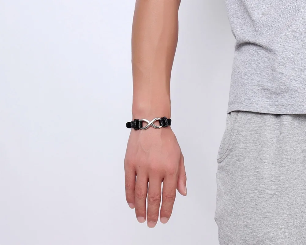Mens Bracelets Stainless Steel Infinity Love Black Leather Bracelet Men Women Bangles Fashion Jewerly Accessories Pulseira 12