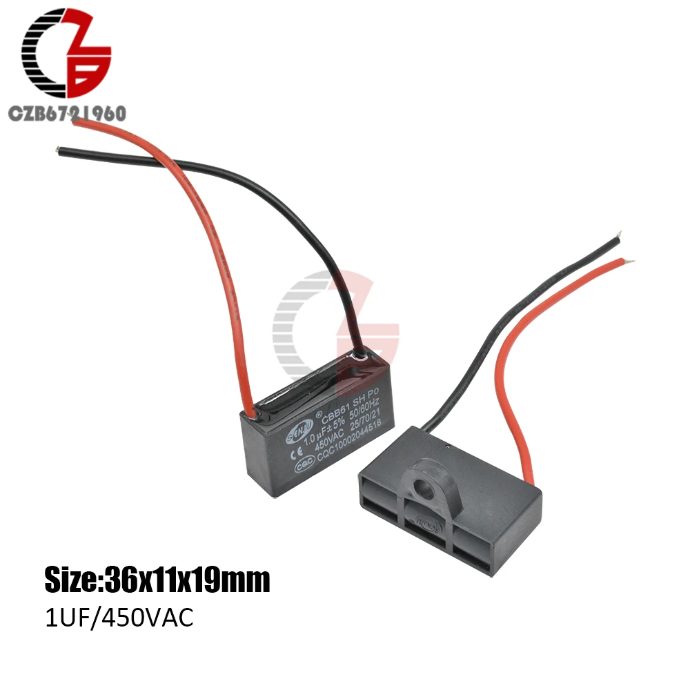

CBB61 Starting Capacitance AC Fan Capacitor 2 Wires 1UF 450V AC Terminal Ceiling Fan Motor Running Rectangle Capacitor