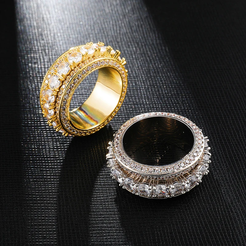 

Bling Iced Out Paved CZ Rotatable Ring Male Hip Hop Gold Silver Big Zircon Rings For Men Jewellery Drop Shipping
