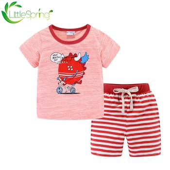 

LittleSpring Toddler Boy Clothes Set Cartoon Dinosaur Cute Animal Alphabet Striped Suit Childrens Boutique Clothing