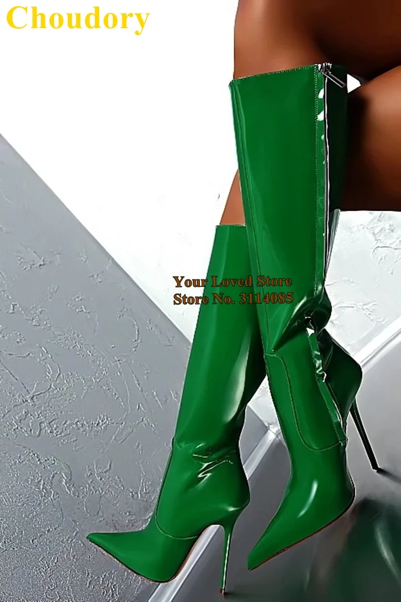 Choudory/зеленые, синие сапоги до колена из лакированной кожи с острым носком на шпильке, на молнии, блестящее зеркало, кожаные высокие сапоги, размер 47, Прямая поставка - Цвет: green as picture