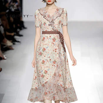 

SEQINYY Chiffon Dress 2020 Summer Spring New Fashion Design Women Short Sleeve Dot Print Flower Beading Runway Causal Dress Belt