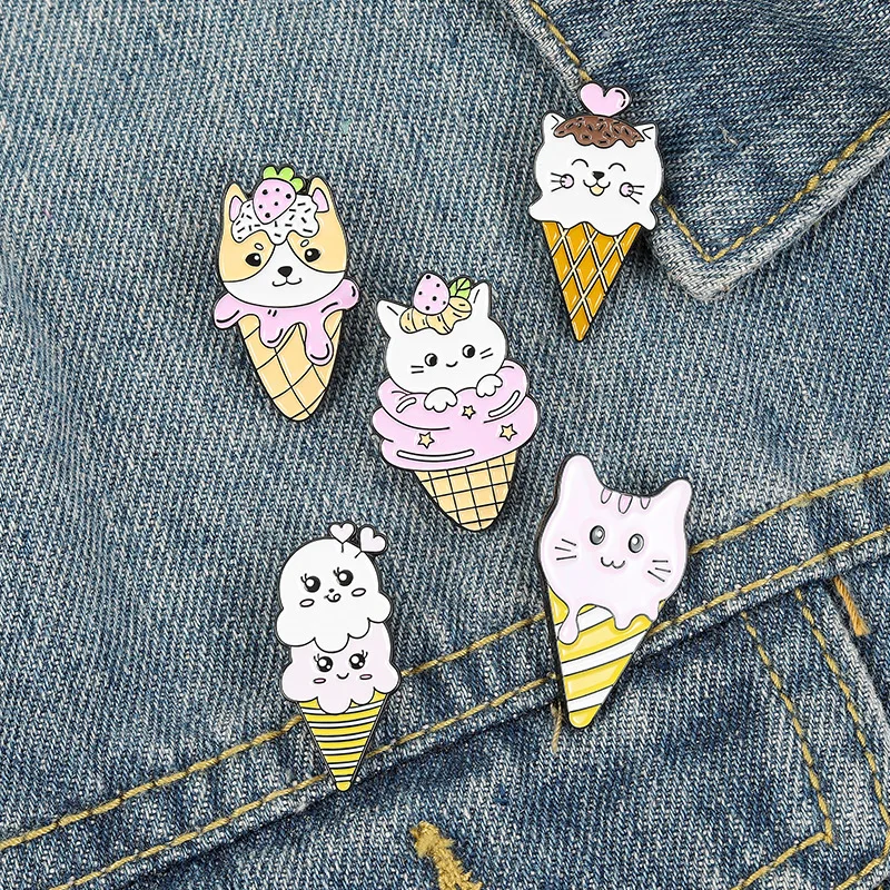 Ice Cream Cat Dog Kitten Puppy Cone Cartoon Lapel Pins Brooch Metal Badge Vintage Classics Jewelry Gifts Collection | Дом и сад