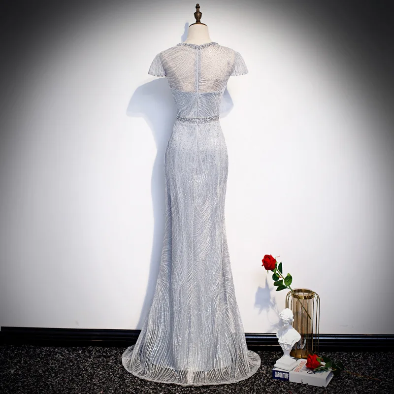 Beauty-Emily O Neck Elegant Mermaid Evening Dresses Long Sleeveless Beads Sequins Crystal Silver Sexy Formal Party Dress 2020 red evening dress