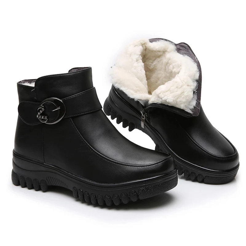 BEYARNEFashion Wool Winter Women Genuine Leather Ankle Boots Female Thick Plush Warm Snow Boots Mother Waterproof Non slip Shoes