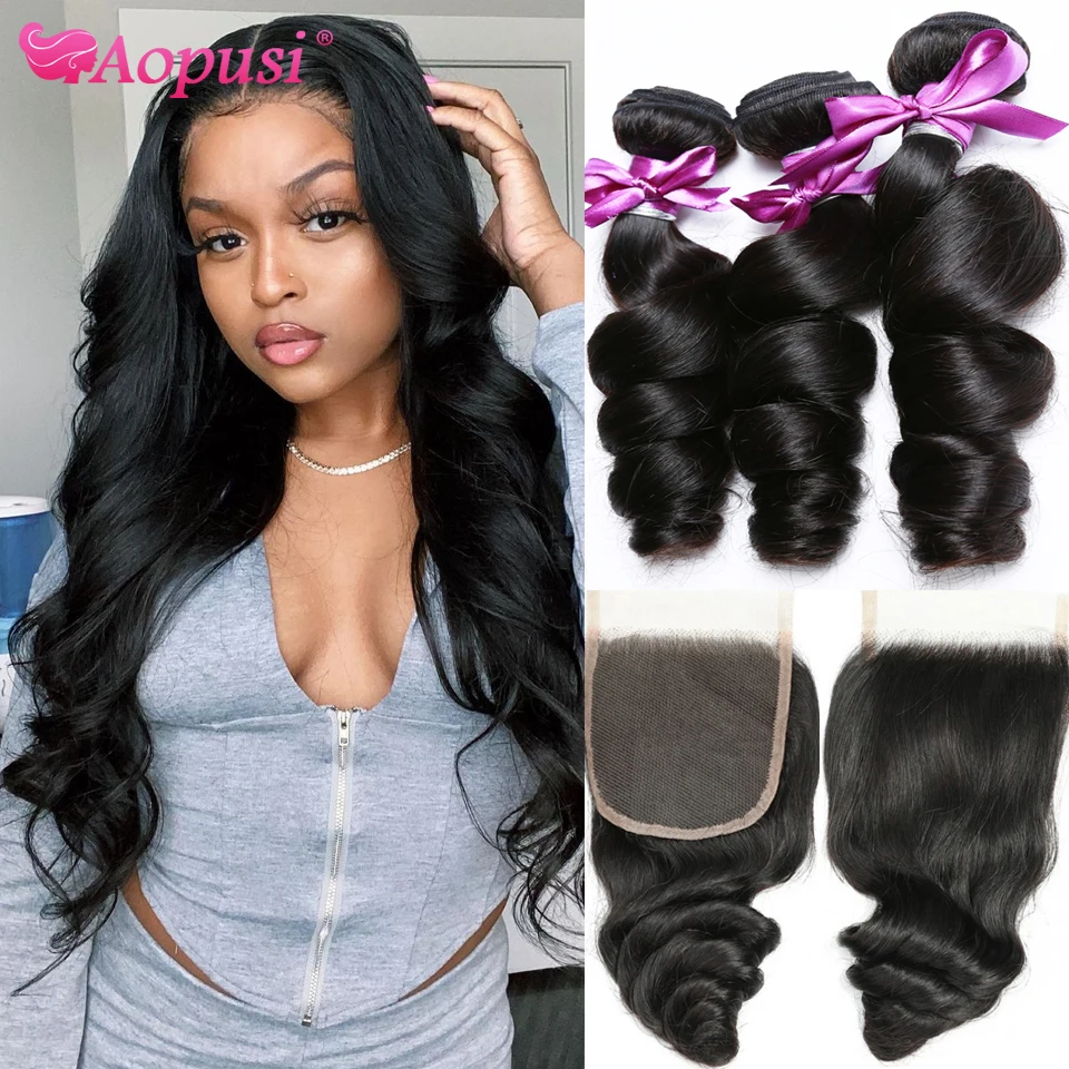 Aopusi Bundles With Closure Human Hair Bundles With Lace 4&times;4 Closure Brazilian Loose Wave Remy Hair