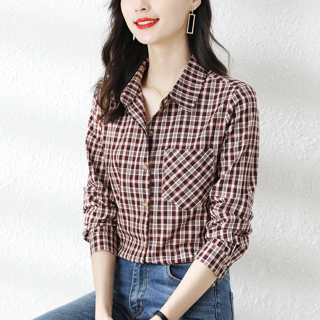 LWZWM Women Casual Shirts Fall Clothes Open Front Long Plaid Shirt