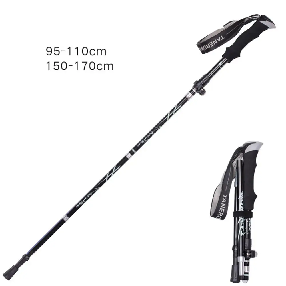 Black short HiMISS Climbing Aluminum Alloy Folding Walking Cane Telescopic Ultra-light Outdoor Stick Trekking Pole 5 Section Handcuffs - Color: Black short