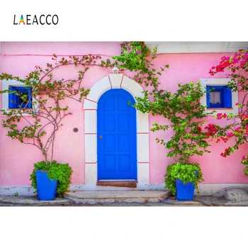 

Laeacco Rural Village Pink Wall Blue Door Blossom Branches Photography Backdrops Baby Portrait Photo Backgrounds For Photo Shoot