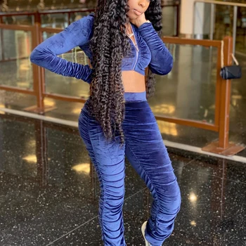 

Women Sexy Two Piece Set Velvet Pure Color Long Sleeve Zipper Slim Chest Crop Top Elastic Pleated Legging Pants FemaleSet