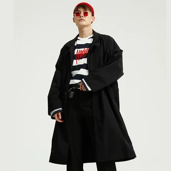 

Male Streetwear Hip Hop Windbreaker Cardigan Jacket Overcoat Men Japan Korea Style Casual Loose Long Trench Coat Outerwear